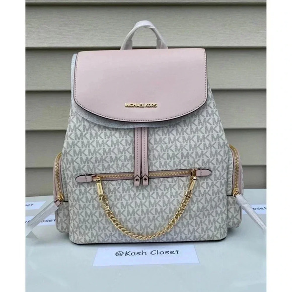 Michael Kors Backpack Jet Set MK Logo Large Chain Backpack Powder Blush Multi - Picture 1 of 11